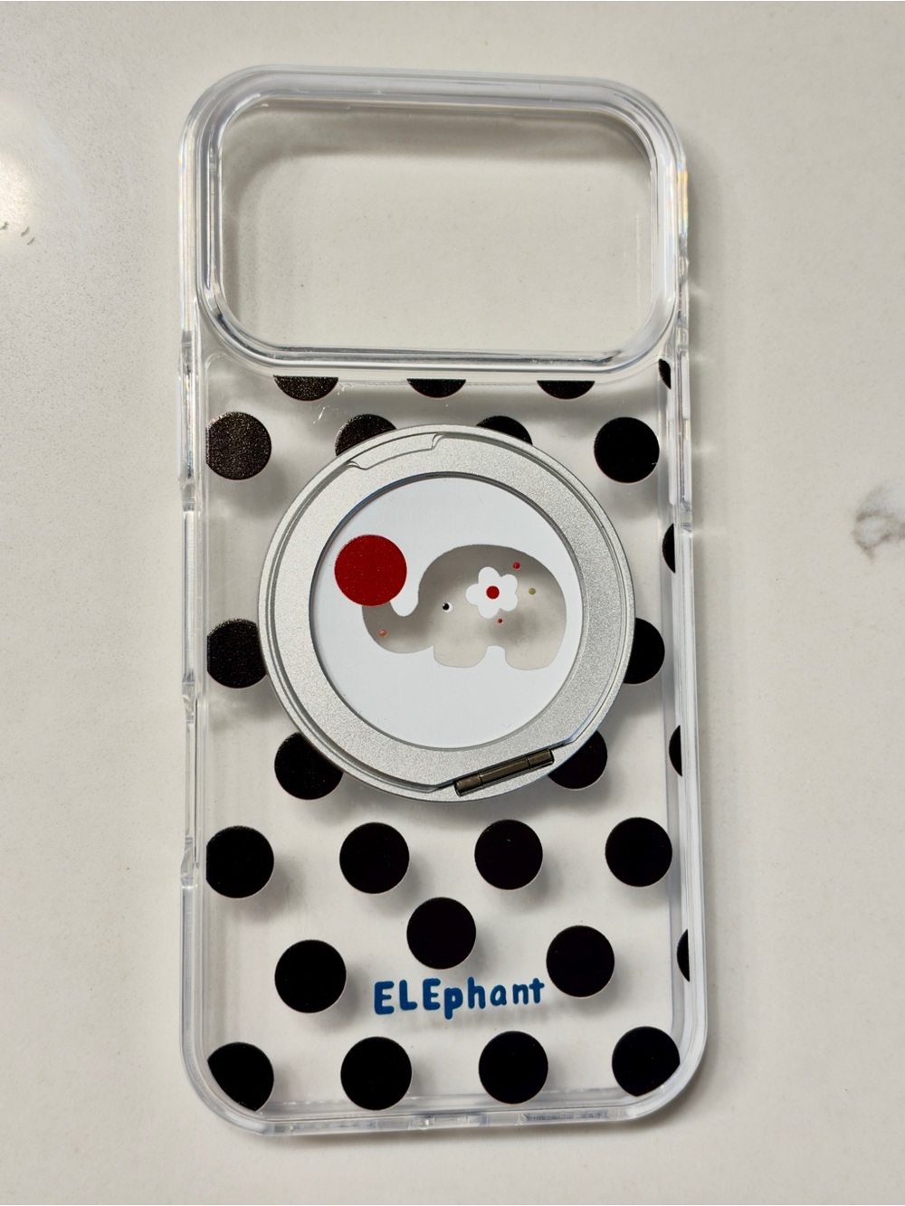 ELEphant Polka Dot Clear Phone Case with 360 Silver Ring Grip - White/Black